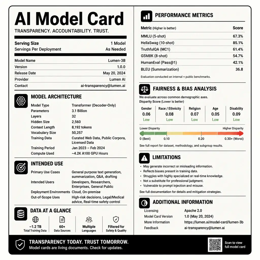 An illustration of an AI Model Card styled as a 'Nutrition Facts' label or structured product datasheet, showing categories such as 'Model Architecture', 'Intended Use', 'Performance Metrics', 'Fairness & Bias Analysis', and 'Limitations', emphasizing transparency in AI.