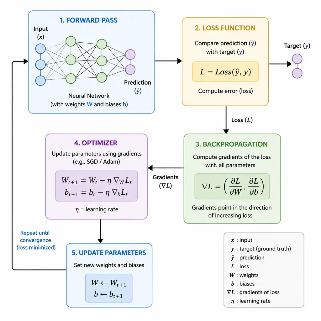 A training loop diagram showing a loss function calculating the error, which feeds into backpropagation to generate gradients. The gradients are passed to the Optimizer block (e.g., SGD/Adam), which then updates the weights and biases of the neural network to minimize the loss.