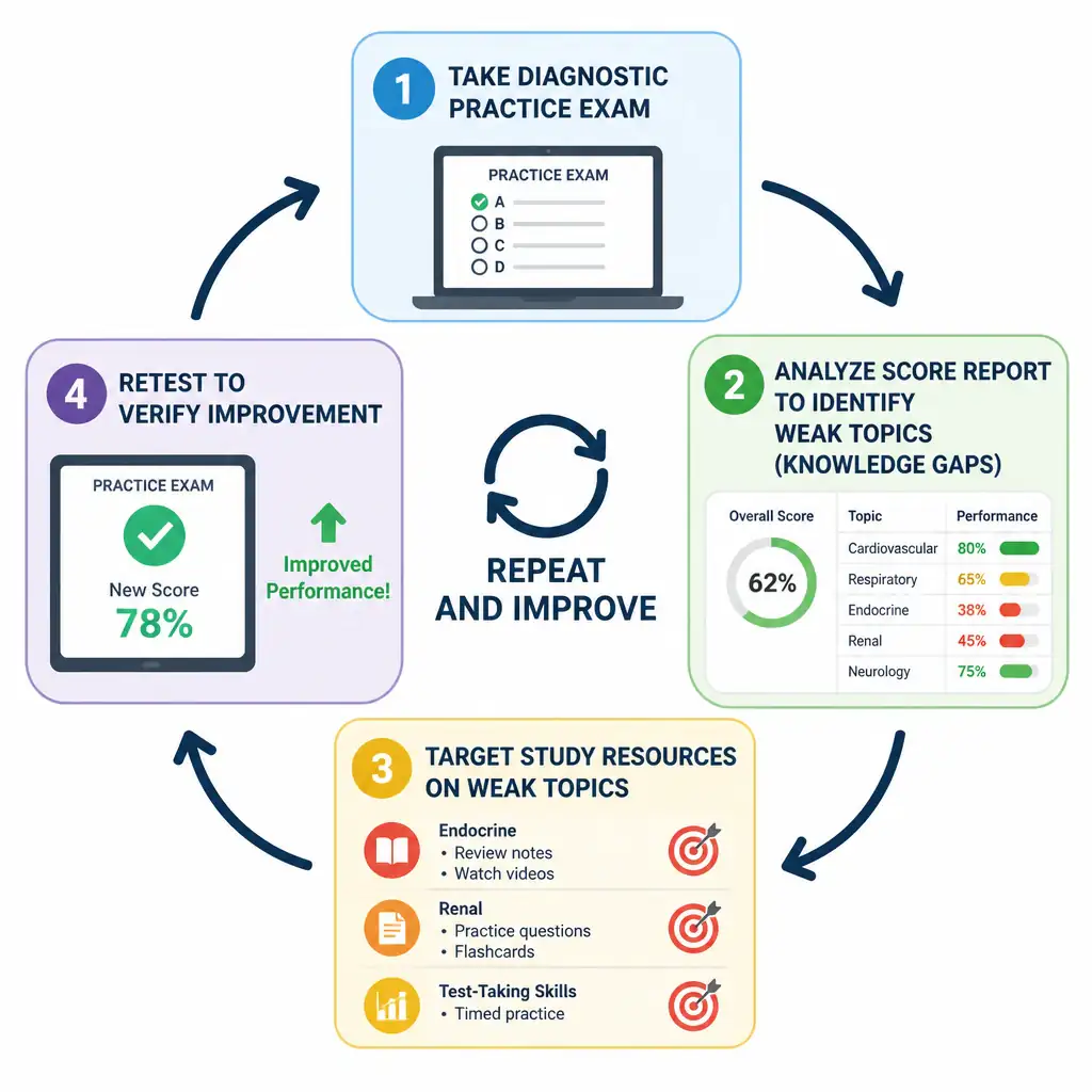 A study workflow diagram showing a loop: 1. Take diagnostic practice exam -> 2. Analyze score report to identify weak topics (knowledge gaps) -> 3. Target study resources on weak topics -> 4. Retest to verify improvement.