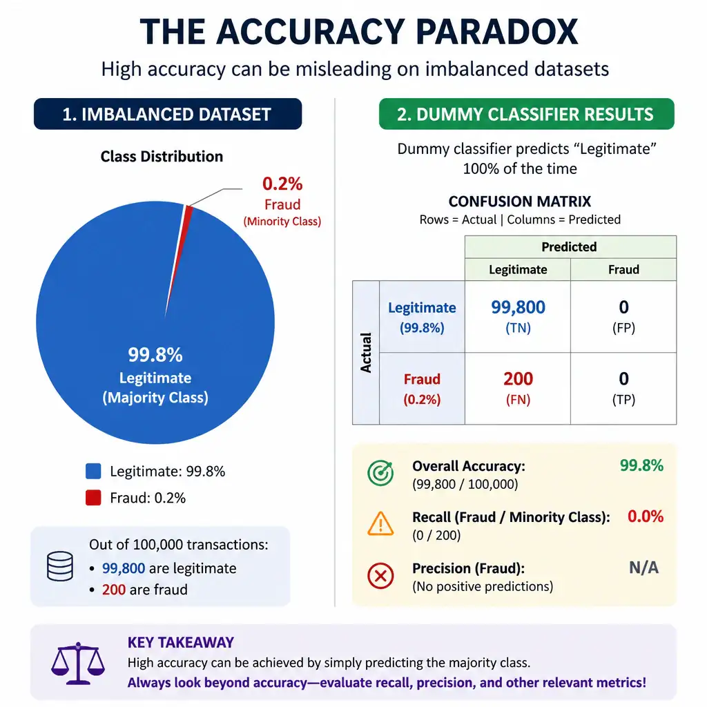A comparison layout showing the accuracy paradox on imbalanced datasets. On one side, a pie chart showing a 99.8% majority class (legitimate) and 0.2% minority class (fraud). On the other side, a confusion matrix of a dummy classifier that predicts the majority class 100% of the time, resulting in a 99.8% overall accuracy score but 0% recall for the minority class.