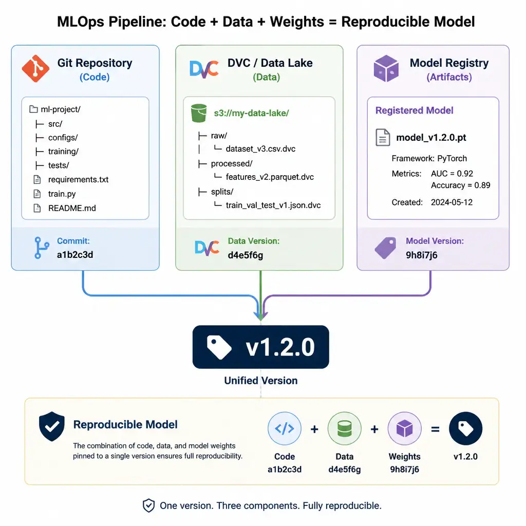 A diagram of an MLOps pipeline showing the Git repository (code), DVC/Data lake (data), and Model Registry (artifacts) converging into a single version tag (e.g., v1.2.0), illustrating how the combination of code, data, and weights ensures model reproducibility.