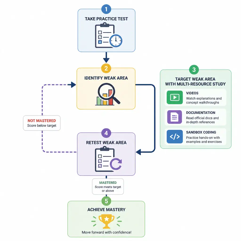 A flowchart depicting a learning loop: 1. Take practice test -> 2. Identify weak area -> 3. Target weak area with multi-resource study (videos, documentation, sandbox coding) -> 4. Retest weak area -> 5. Achieve mastery.
