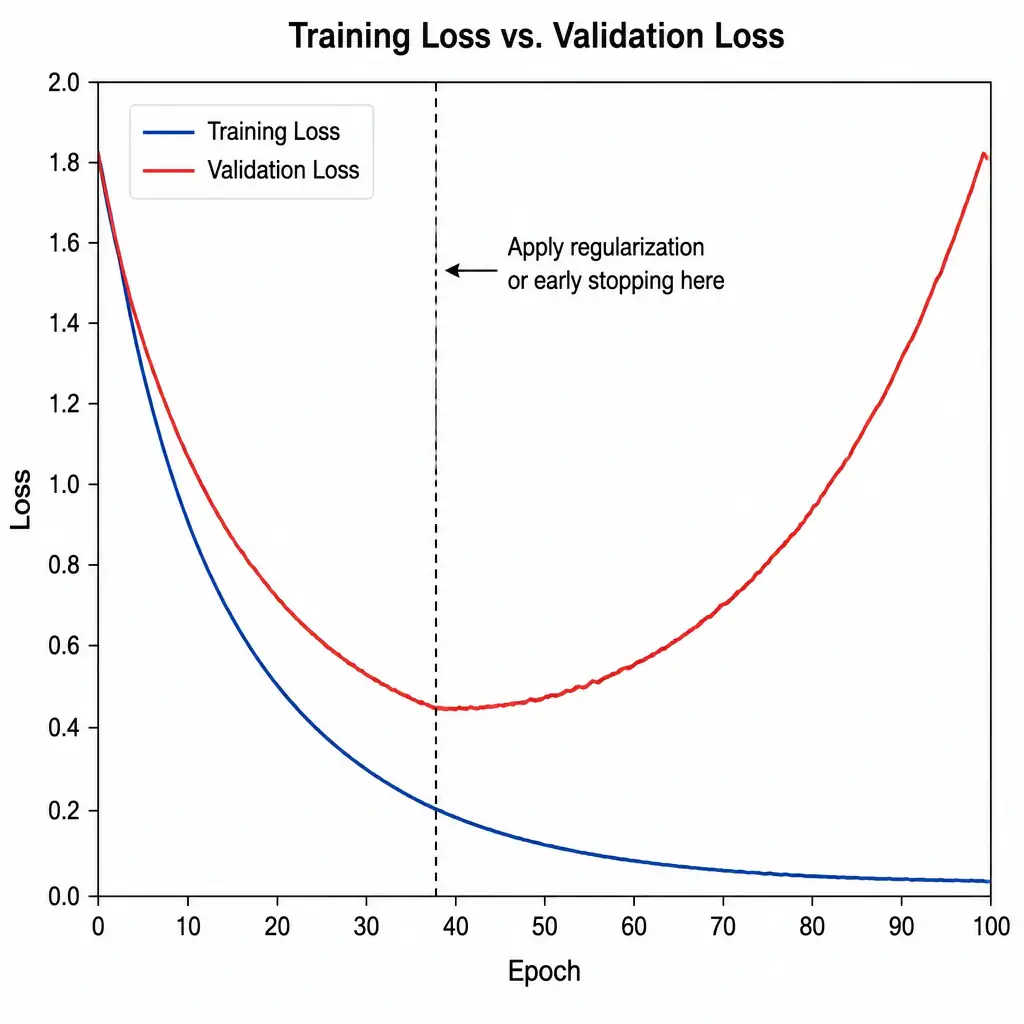 A line graph showing training loss vs. validation loss over training epochs. The training loss line steadily decreases toward zero. The validation loss line decreases initially but then curves upward sharply, with a vertical line marking the point where regularization or early stopping should be applied.