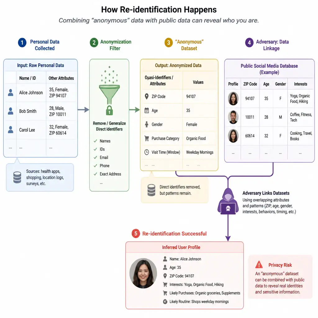 A conceptual diagram showing data privacy risks. An input stream of personal data goes into an anonymization filter (stripping names/IDs). The resulting 'anonymous' dataset is merged with a public social media database by an adversary, pointing to a successfully re-identified user profile.