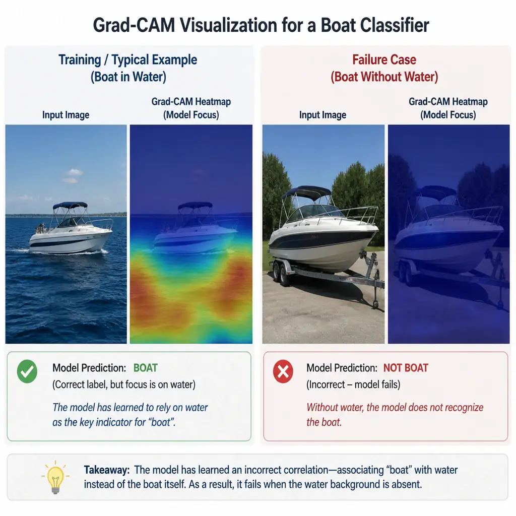 An illustration of a Grad-CAM visualization for a boat classifier. On the left, a boat in the ocean with the model's focus highlighted entirely on the surrounding water (incorrect correlation). On the right, a boat on a trailer where the model fails to recognize the boat because the water background is missing.