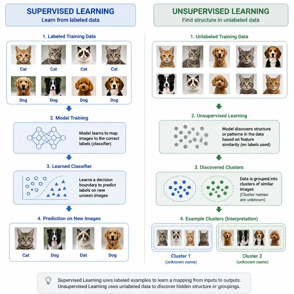 A conceptual diagram showing Supervised vs. Unsupervised learning. On the left, 'Supervised Learning' takes images of cats and dogs with explicit labels ('Cat', 'Dog') into a model to learn a classifier. On the right, 'Unsupervised Learning' takes unlabeled images of cats and dogs and groups them into two clusters based on feature similarity without knowing the name of the clusters.
