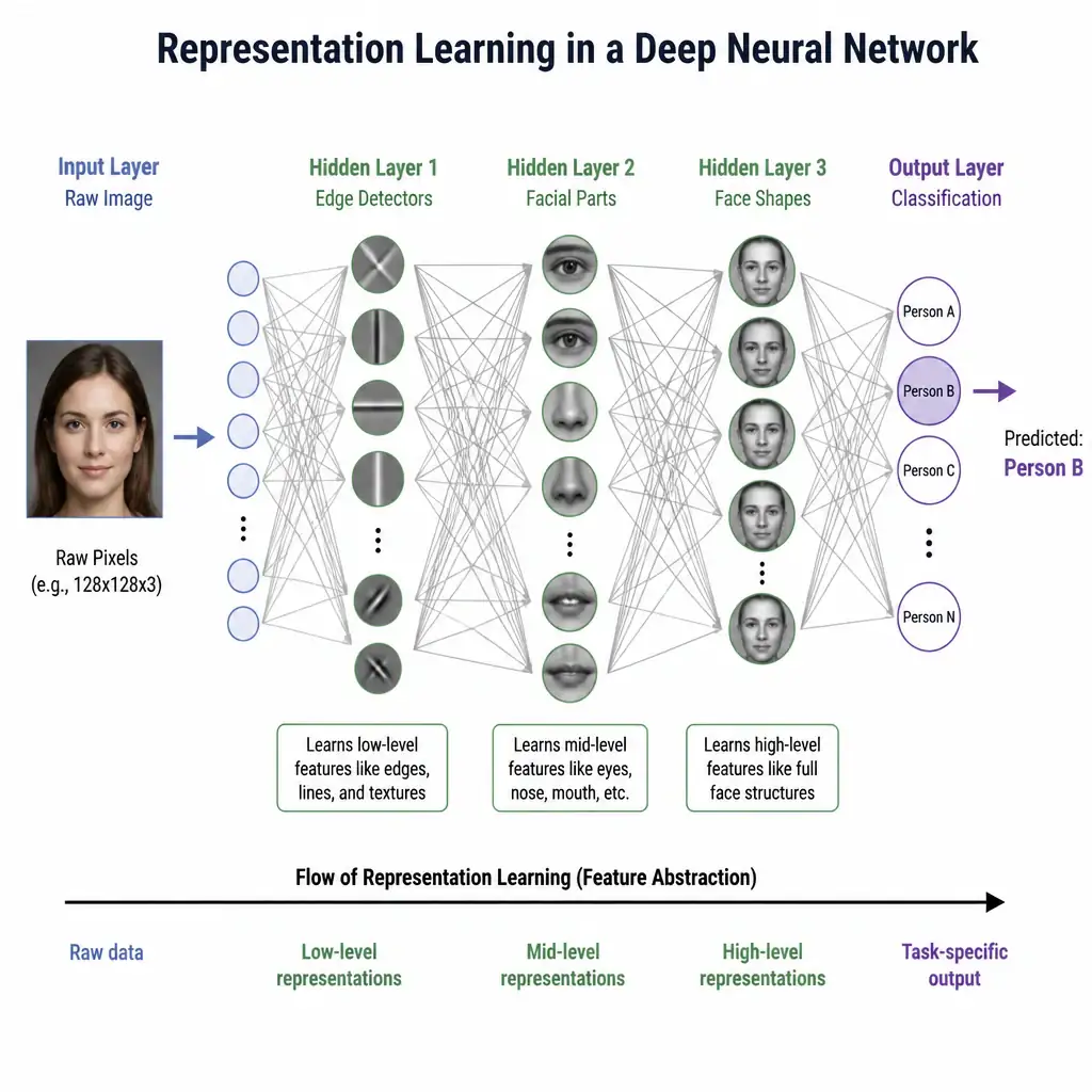 A diagram of a deep neural network showing the flow of representation learning. Raw image input (e.g., a face) goes to the input layer. Subsequent hidden layers show feature extraction starting from edges (layer 1), then facial features like eyes/nose (layer 2), and finally full face shapes (layer 3), leading to the final output classification.