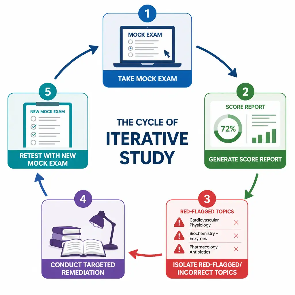A diagram showing the cycle of iterative study: 1. Take mock exam -> 2. Generate score report -> 3. Isolate red-flagged/incorrect topics -> 4. Conduct targeted remediation -> 5. Retest with new mock exam.
