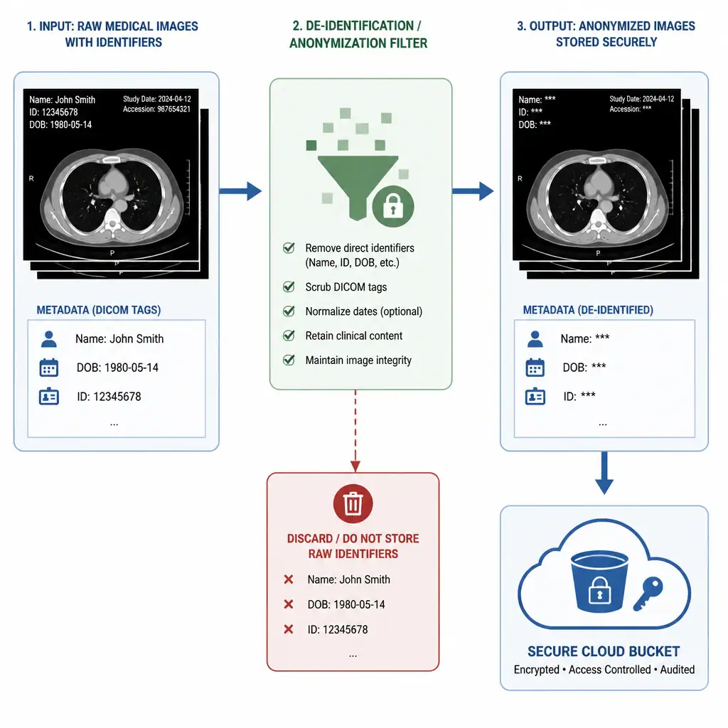 A pipeline diagram showing medical images (CT scans) containing patient metadata (Name, DOB, ID) passing through a De-identification/Anonymization filter. The output shows anonymized images with metadata redacted, stored in a secure cloud bucket with lock and key icons, while raw identifiers are discarded.