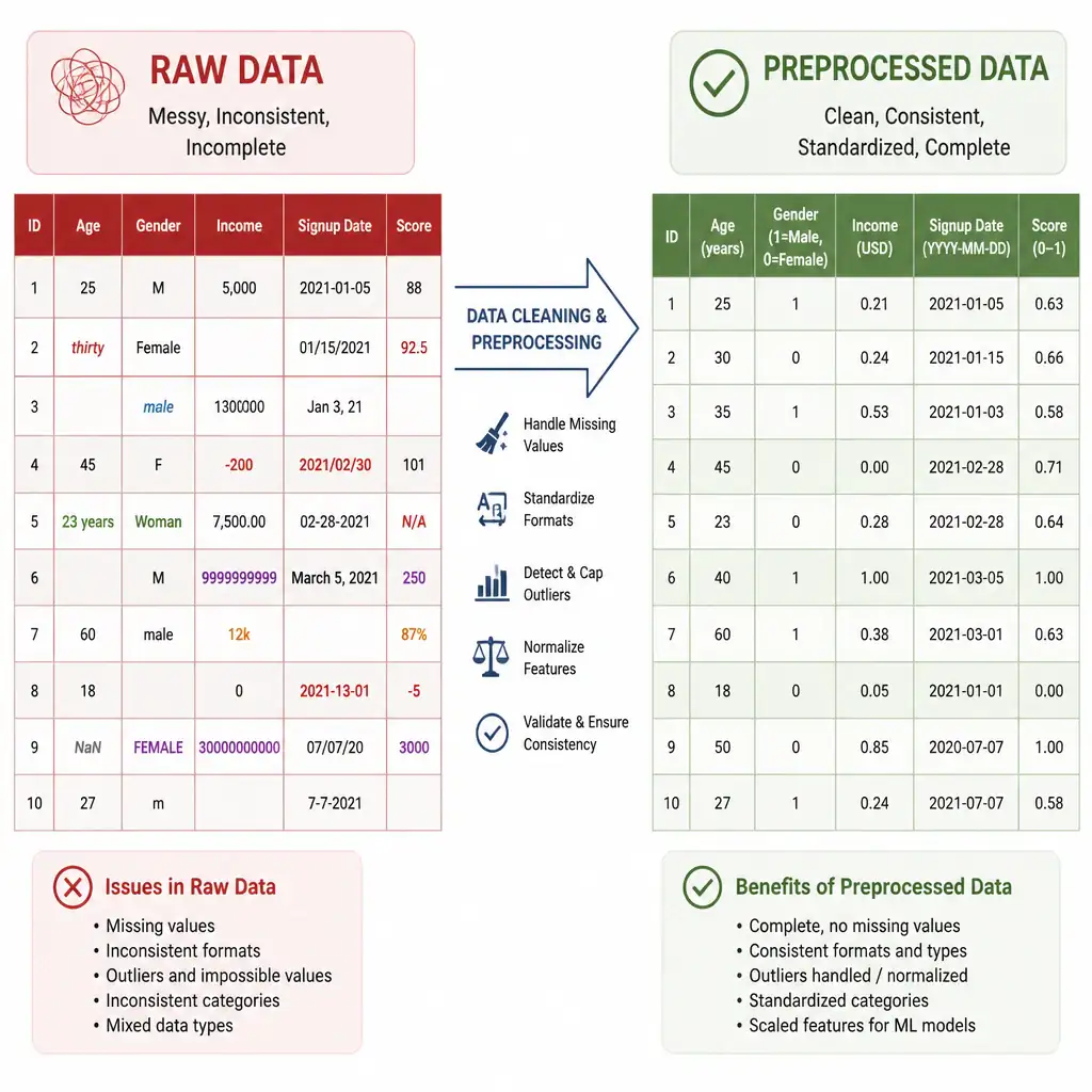 A comparison diagram showing raw data vs. preprocessed data. On the left, a messy table with empty cells, mismatched formats, and extreme numbers. An arrow representing the cleaning/preprocessing pipeline points to the right, showing a clean, standardized, fully populated table with normalized numbers.