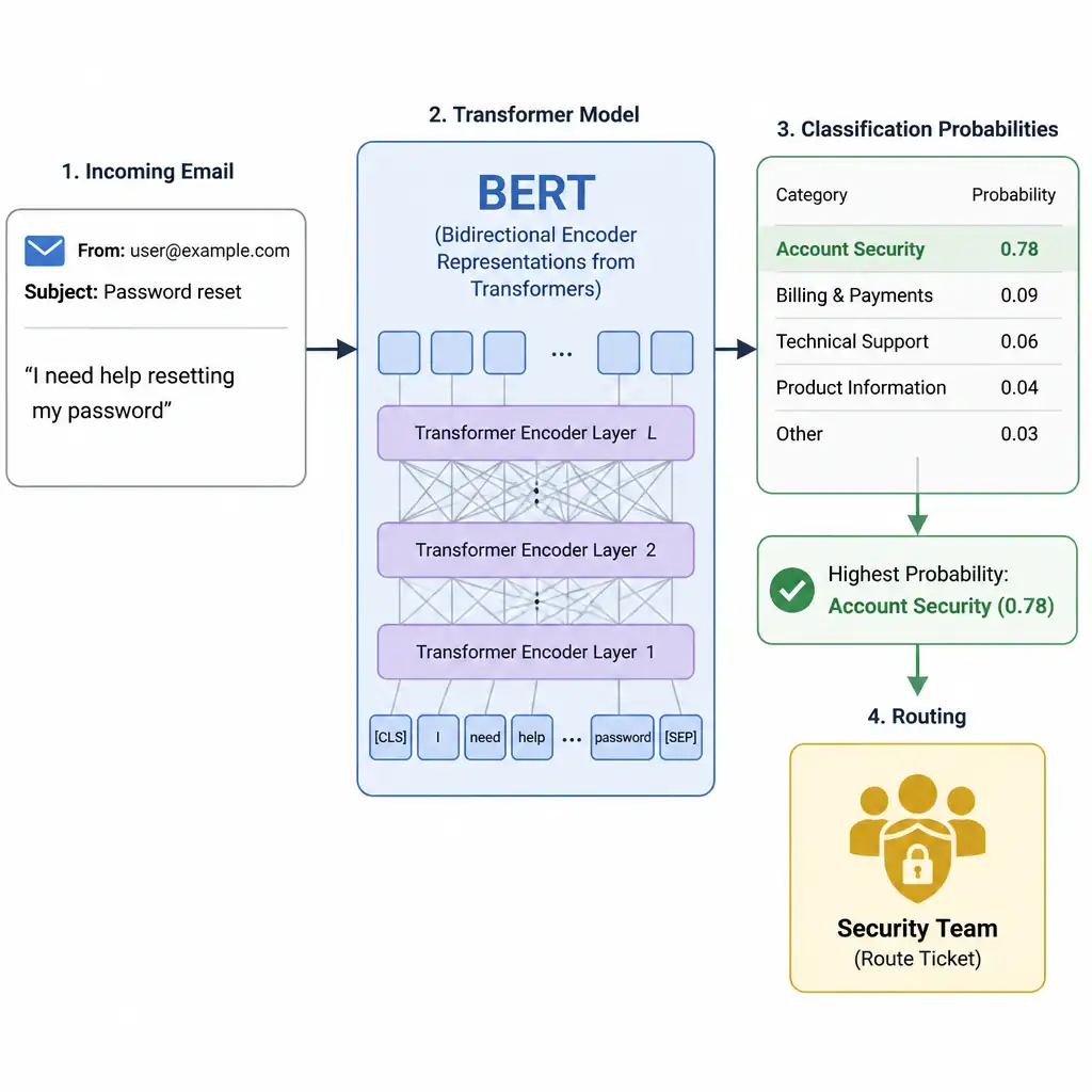 A system diagram showing an incoming email ('I need help resetting my password') being fed into a Transformer model block (labeled BERT). The model outputs classification probabilities, selecting 'Account Security' as the highest probability category, which triggers routing to the Security team.
