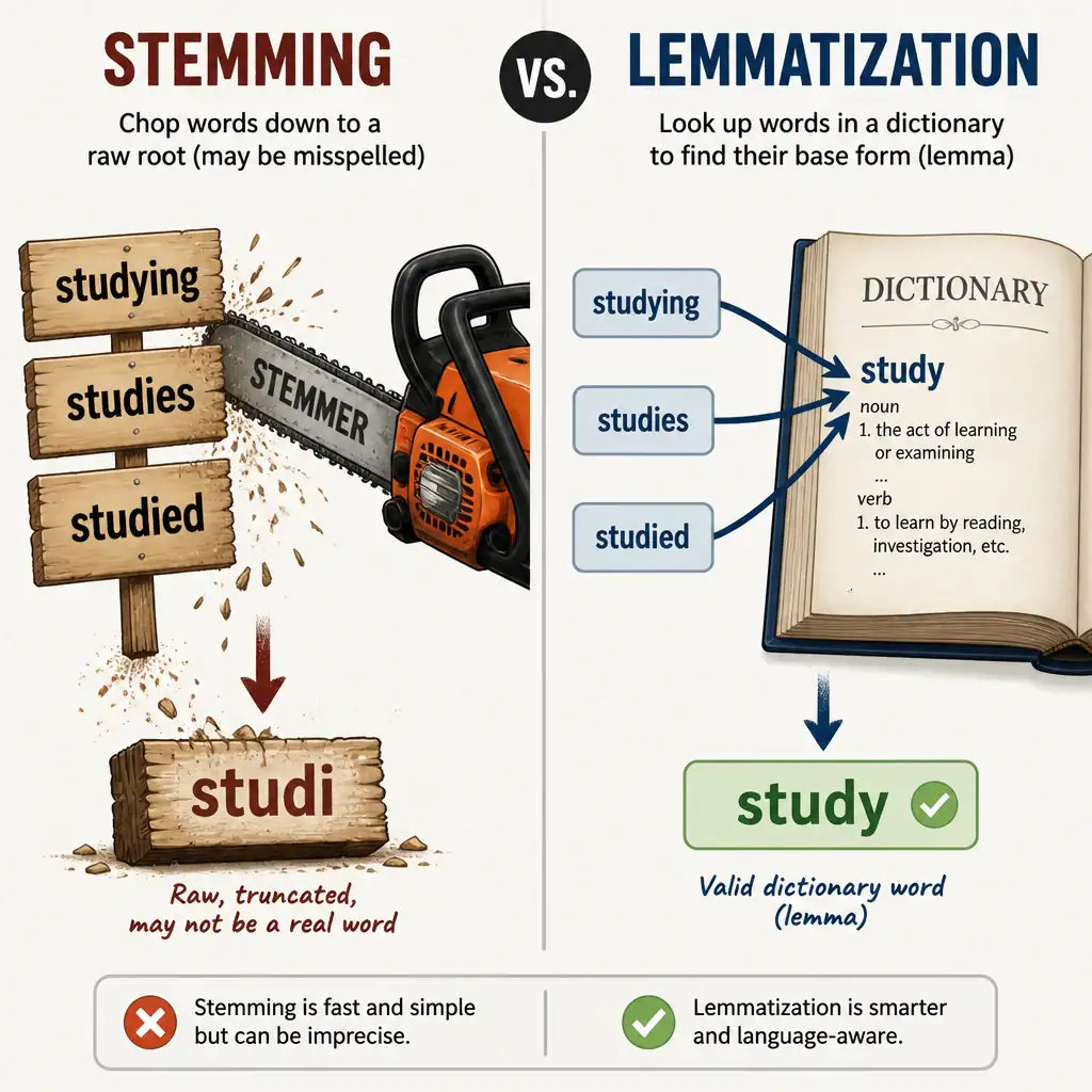 A comparison visual for Stemming vs Lemmatization. On one side, 'Stemming' is represented by a chainsaw chopping 'studying', 'studies', and 'studied' down to a raw, misspelled root 'studi'. On the other side, 'Lemmatization' is represented by a dictionary lookup mapping those same words cleanly to the dictionary word 'study'.