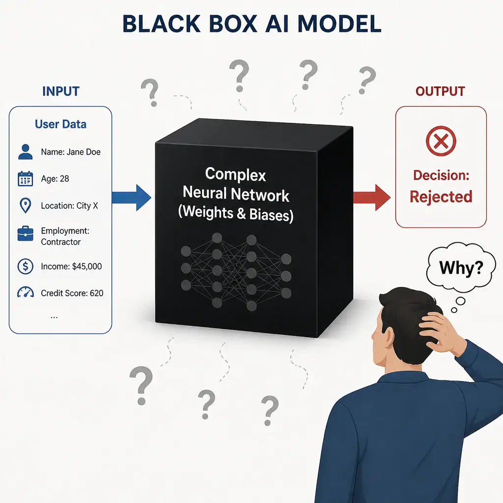 A conceptual diagram depicting a 'black box' AI model. An input (User Data) goes into a dark box labeled 'Complex Neural Network (Weights & Biases)' with question marks around it. An output (Decision: Rejected) emerges, with a human user scratching their head asking 'Why?', illustrating the lack of explainability.