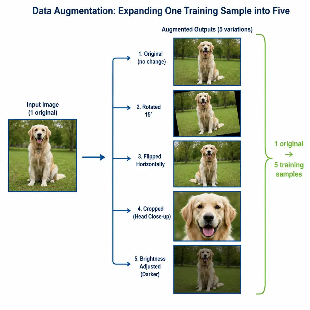 A diagram demonstrating data augmentation. A single input image of a dog is transformed into several output variations: one rotated 15 degrees, one flipped horizontally, one cropped closely around the head, and one with altered brightness, showing the expansion of one training sample into five.