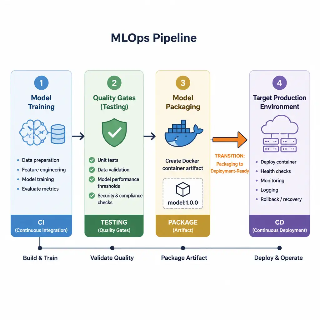 A pipeline diagram showing the progression of MLOps: Model Training (CI) -> Quality Gates (Testing) -> Model Packaging (creating a Docker container artifact) -> Target Production Environment (CD). An arrow highlights the transition from packaging to the deployment-ready stage.
