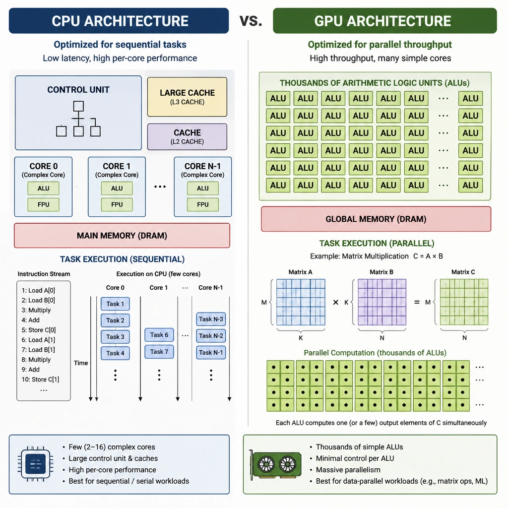 A side-by-side comparison diagram of CPU vs. GPU architectures. Show the CPU with a large control unit, a large cache, and a few complex cores handling tasks sequentially, and the GPU with thousands of small arithmetic logic units (ALUs) processing grid-like matrix multiplications in parallel.