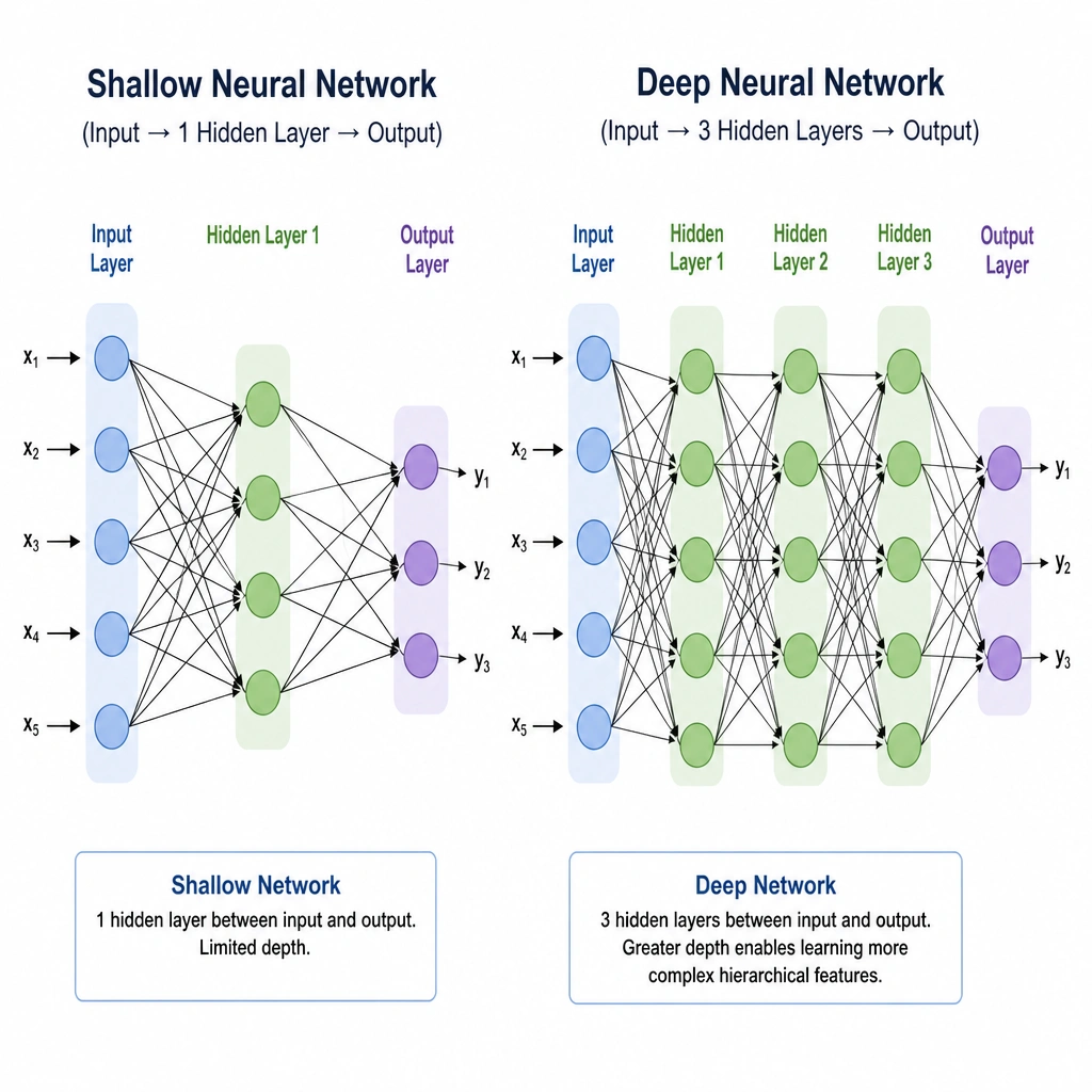 A side-by-side architectural diagram comparing a shallow network (Input -> 1 Hidden Layer -> Output) to a deep network (Input -> 3 Hidden Layers -> Output). Clearly label the hidden layers and show the forward connections between them to illustrate depth.