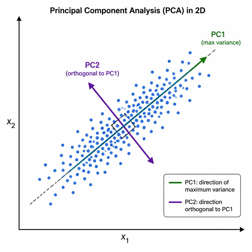 A coordinate transformation diagram showing a 2D scatter plot of data points with a diagonal trend, and the two principal component axes (PC1 and PC2) drawn orthogonally. PC1 should point along the direction of maximum variance, and PC2 should point along the perpendicular direction.