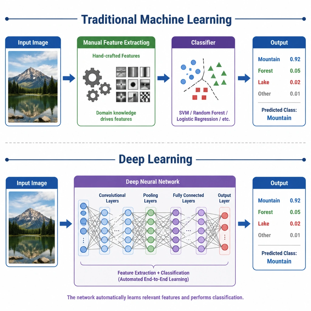 A diagram contrasting traditional machine learning with deep learning workflows. The top pipeline ("Traditional Machine Learning") shows an Input Image -> Manual Feature Extraction (depicting icons of gears and hand-crafted filters) -> Classifier -> Output. The bottom pipeline ("Deep Learning") shows an Input Image -> Deep Neural Network (where feature extraction and classification are merged inside a single box representing automated layers) -> Output.