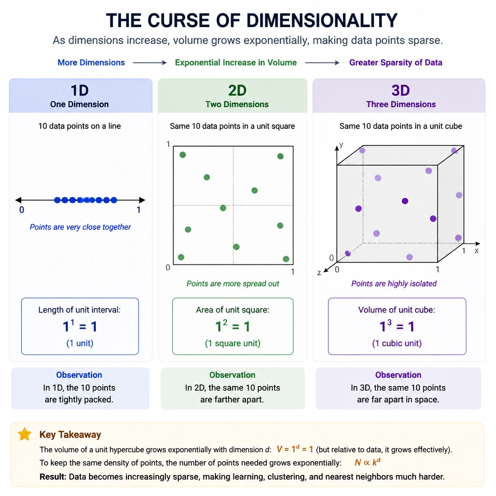 A visual progression demonstrating the curse of dimensionality across 1D, 2D, and 3D spaces. 1D: a single line with 10 data points closely packed. 2D: a square grid where the same 10 points look more spread out. 3D: a transparent cube showing the 10 points highly isolated and scattered far apart in space. Text annotations highlight the exponential increase in volume and the resulting sparsity of the data points.