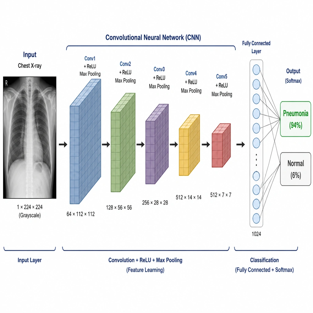A diagram showing a chest X-ray image feeding into a Convolutional Neural Network (CNN). The CNN layers are depicted as a series of decreasing 3D feature map volumes (representing convolution and pooling steps), ending in a fully connected layer that outputs a classification probability label: "Pneumonia (94%)" or "Normal (6%)".