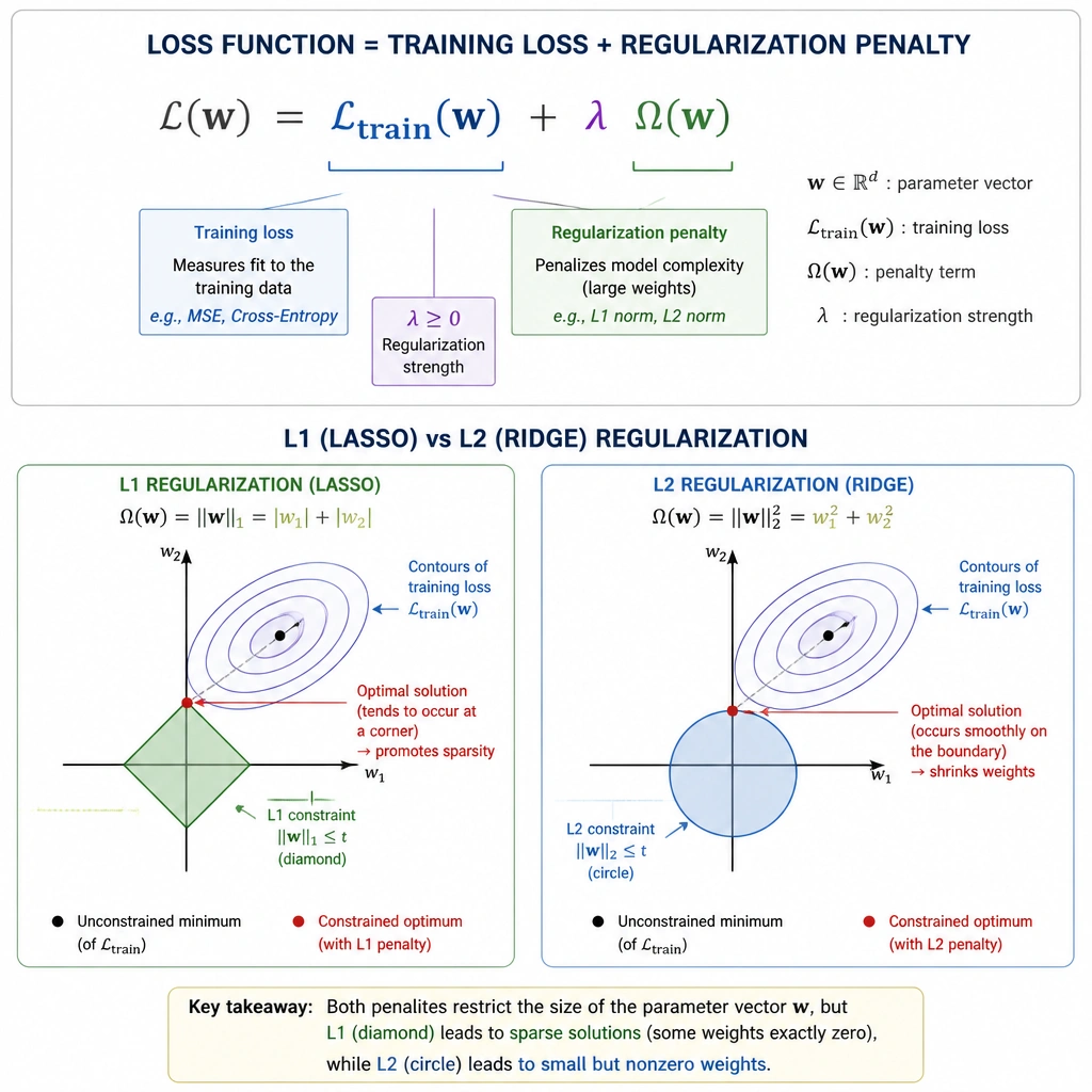 A mathematical representation of a loss function showing the addition of a training loss term and a regularization penalty term, with a graphical comparison of L1 (diamond constraint) and L2 (circular constraint) parameter spaces.