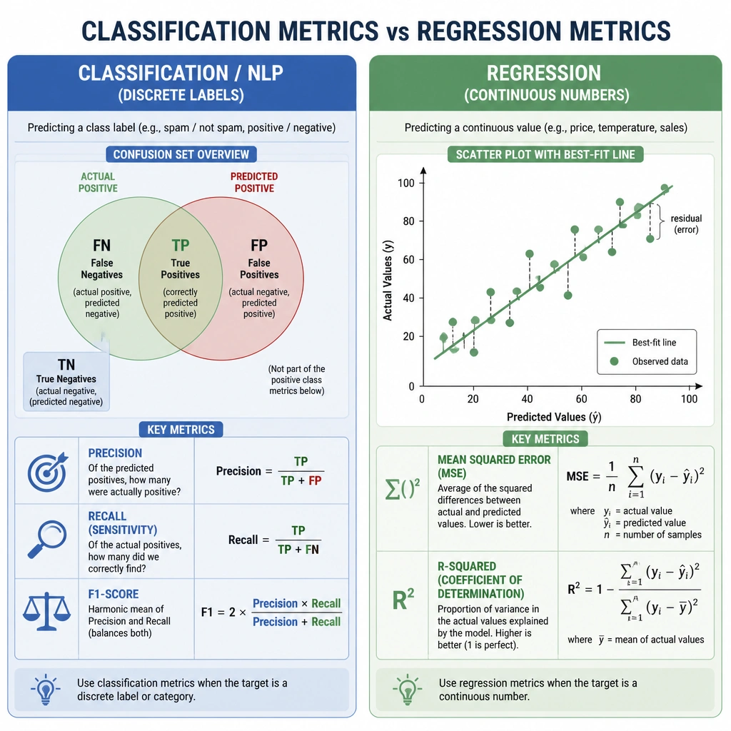 An illustration demonstrating the difference between classification metrics and regression metrics. The image should feature two distinct zones: one labeled "Classification / NLP (Discrete Labels)" showing Precision, Recall, and F1-Score with formulas or Venn diagrams of True Positives, False Positives, and False Negatives; the other labeled "Regression (Continuous Numbers)" showing a scatter plot with a best-fit line representing Mean Squared Error (MSE) and R-squared.