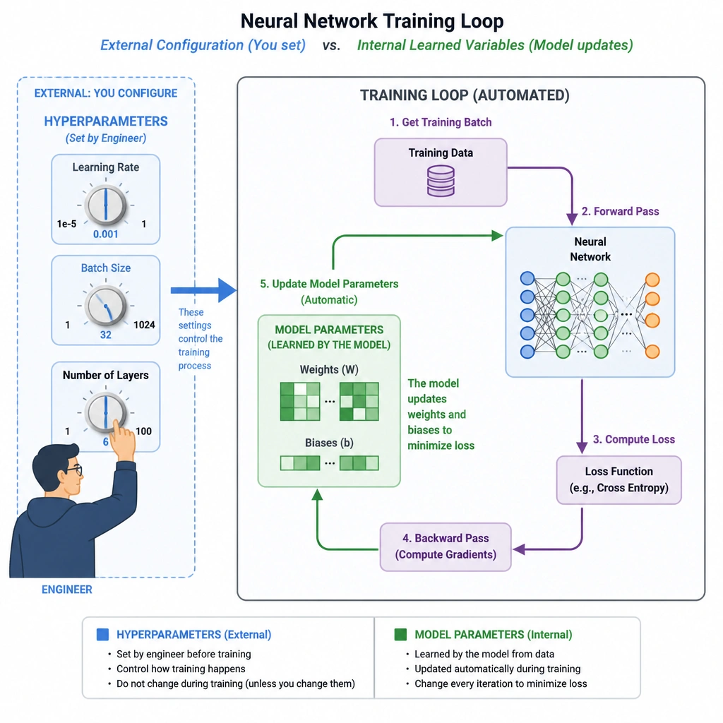 A diagram of a neural network training loop. On the outside, an engineer adjusts knobs labeled 'Learning Rate', 'Batch Size', and 'Number of Layers' (labeled as Hyperparameters). Inside the training loop, the network automatically updates its 'Weights' and 'Biases' (labeled as Model Parameters) based on the training data, clearly showing the difference between external configuration and internal learned variables.
