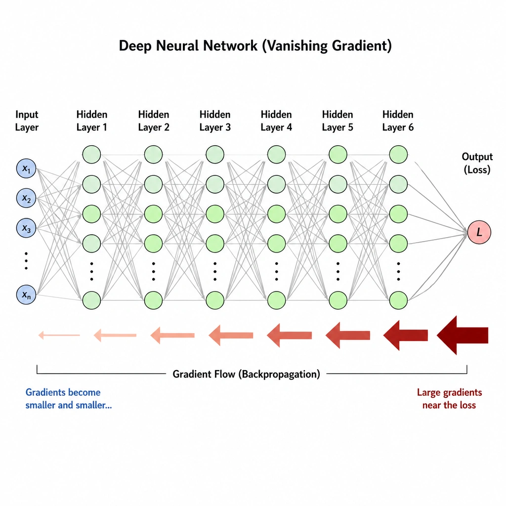 A diagram of a deep neural network with 5+ hidden layers. Gradient flow arrows pointing backwards from the loss output on the right to the input layer on the left. The arrows start thick and dark on the right, but shrink and fade to thin, light lines as they reach the left side, representing the vanishing gradient.