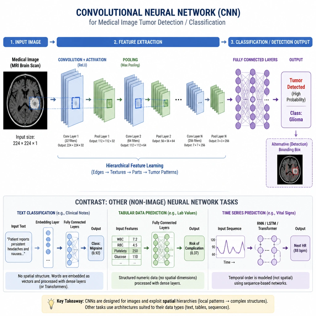 Diagram illustrating the processing flow of a Convolutional Neural Network (CNN) taking a medical image as input, showing how features are extracted through convolutional and pooling layers, leading to a tumor classification/detection output, contrasted with other non-image neural network tasks.