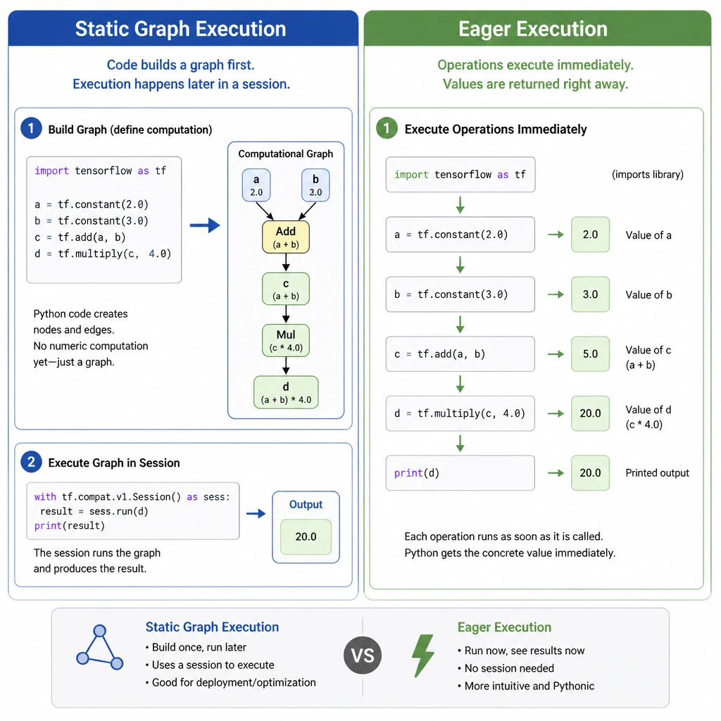 Diagram illustrating the difference between Static Graph Execution (where code builds a graph before execution in a session) and Eager Execution (where Python code executes operations sequentially and outputs values immediately).
