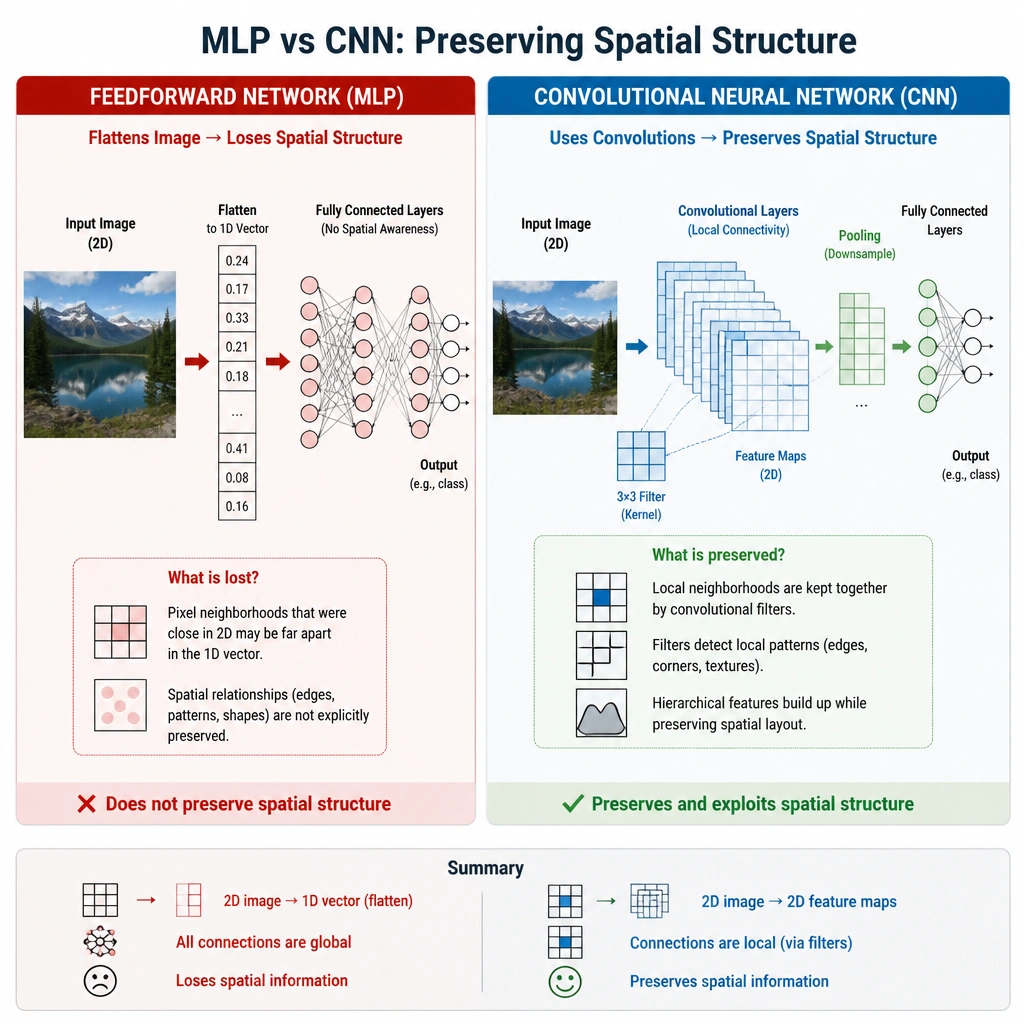 Comparison graphic showing a standard Feedforward Network (MLP) flattening an image input into a 1D vector and losing spatial structure, contrasted with a Convolutional Neural Network (CNN) passing the 2D image through convolutional filters to preserve and extract local spatial features.