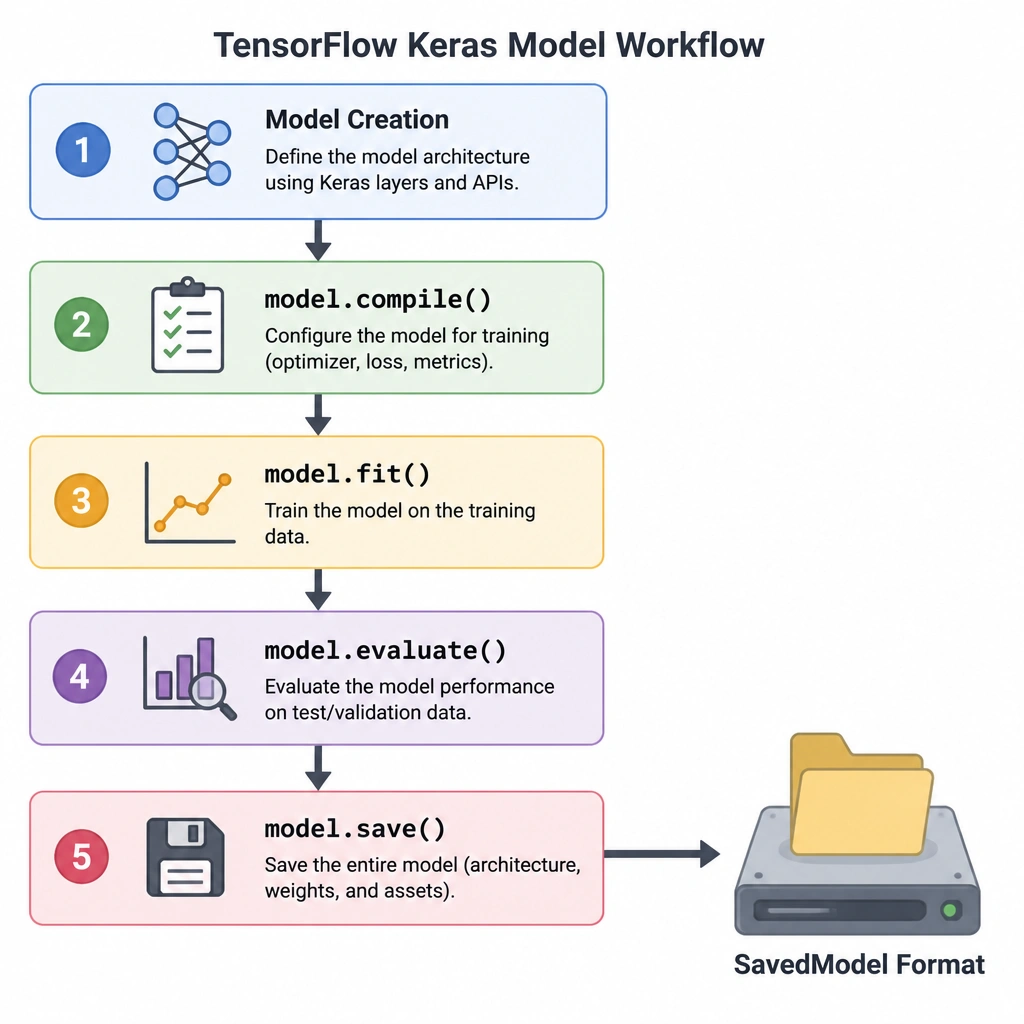 A diagram illustrating the stages of a TensorFlow Keras model workflow: Model Creation -> model.compile() -> model.fit() -> model.evaluate() -> model.save(), with an arrow pointing from model.save() to a folder icon on a disk drive labeled "SavedModel Format".