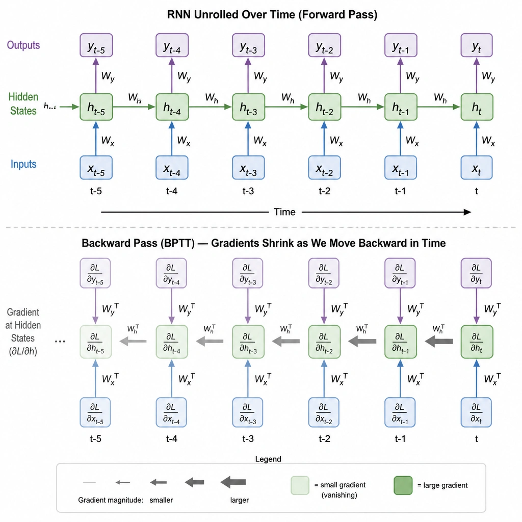 A flow diagram showing an RNN unrolled over multiple time steps. In the backward pass (BPTT), show the gradient arrows shrinking in size and fading to light gray as they move backward from time step t to step t-5, visually representing the vanishing gradient problem.
