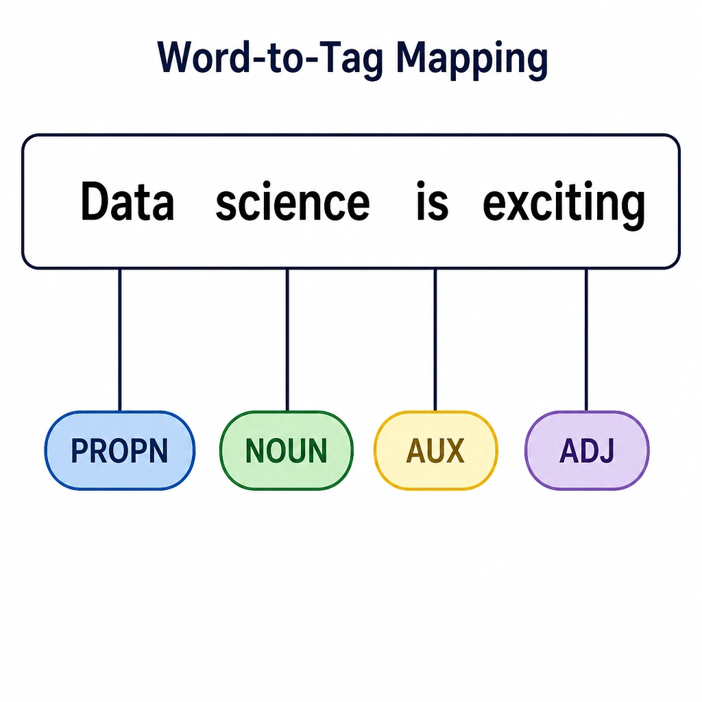 A word-to-tag mapping diagram. Show the sentence 'Data science is exciting' with lines extending down from each word to its corresponding POS tag bubble: 'Data' (PROPN), 'science' (NOUN), 'is' (AUX), and 'exciting' (ADJ), demonstrating grammatical labeling.