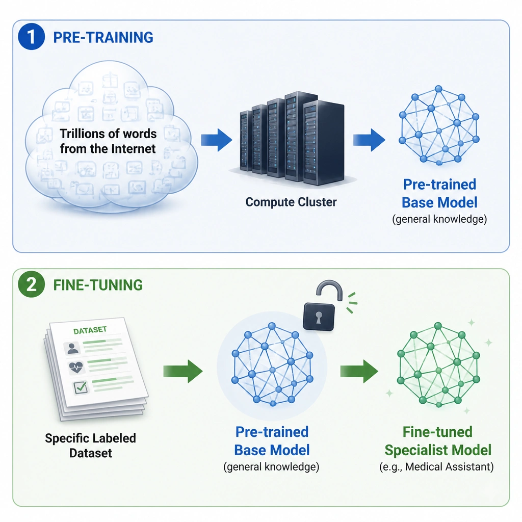 A two-stage workflow diagram. Stage 1 (Pre-training) shows a giant cloud representing "Trillions of words from the Internet" feeding into a computer cluster to produce a "Pre-trained Base Model" (general knowledge). Stage 2 (Fine-tuning) shows a small stack of papers representing "Specific Labeled Dataset" feeding into the Base Model with a lock symbol opening, producing a "Fine-tuned Specialist Model" (e.g., Medical Assistant).