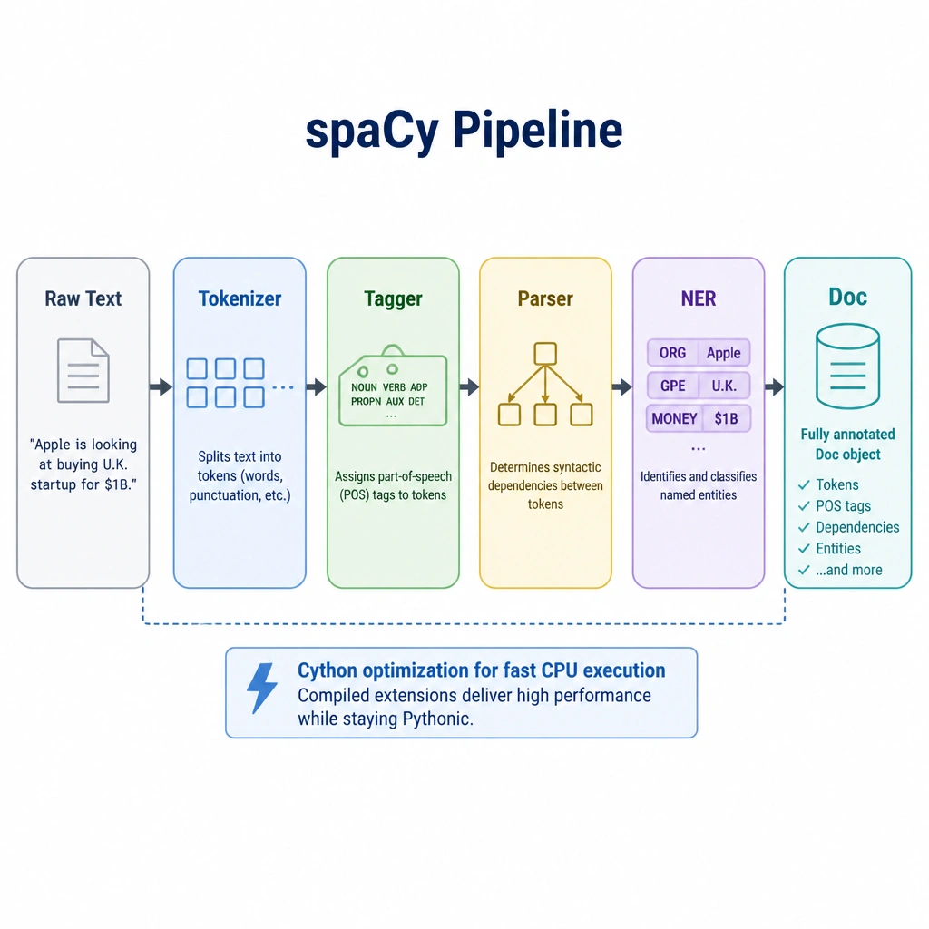 A flowchart illustrating a spaCy pipeline. Raw text enters from the left and passes sequentially through blocks labeled Tokenizer, Tagger, Parser, and NER, outputting a fully annotated "Doc" object on the right, with a sub-label highlighting "Cython optimization for fast CPU execution."