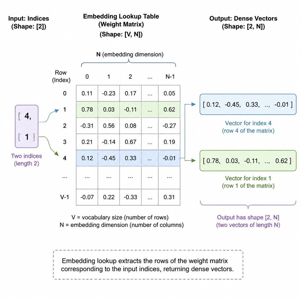 A diagram showing an input tensor of integer indices (e.g., [4, 1]) indexing into a 2D weight matrix (Embedding Lookup Table). The output shows two dense vectors of length N (e.g., [0.12, -0.45, ...] and [0.78, 0.03, ...]) being extracted, demonstrating how indices map to dense continuous rows.
