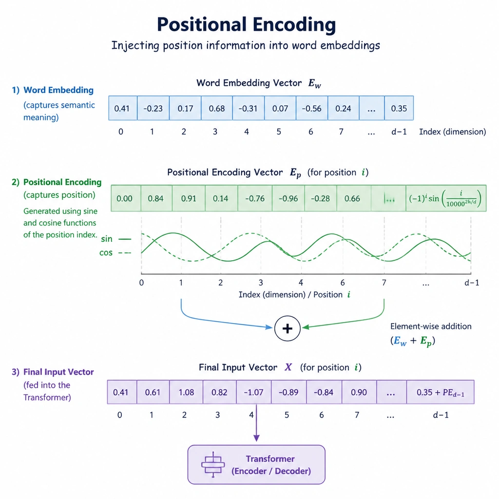 A diagram illustrating positional encoding. Two input vectors are shown: a Word Embedding vector (capturing semantic meaning) and a Positional Encoding vector (represented by a sine/cosine wave pattern representing its index). The two vectors are added together element-wise to form the final input vector fed into the Transformer.