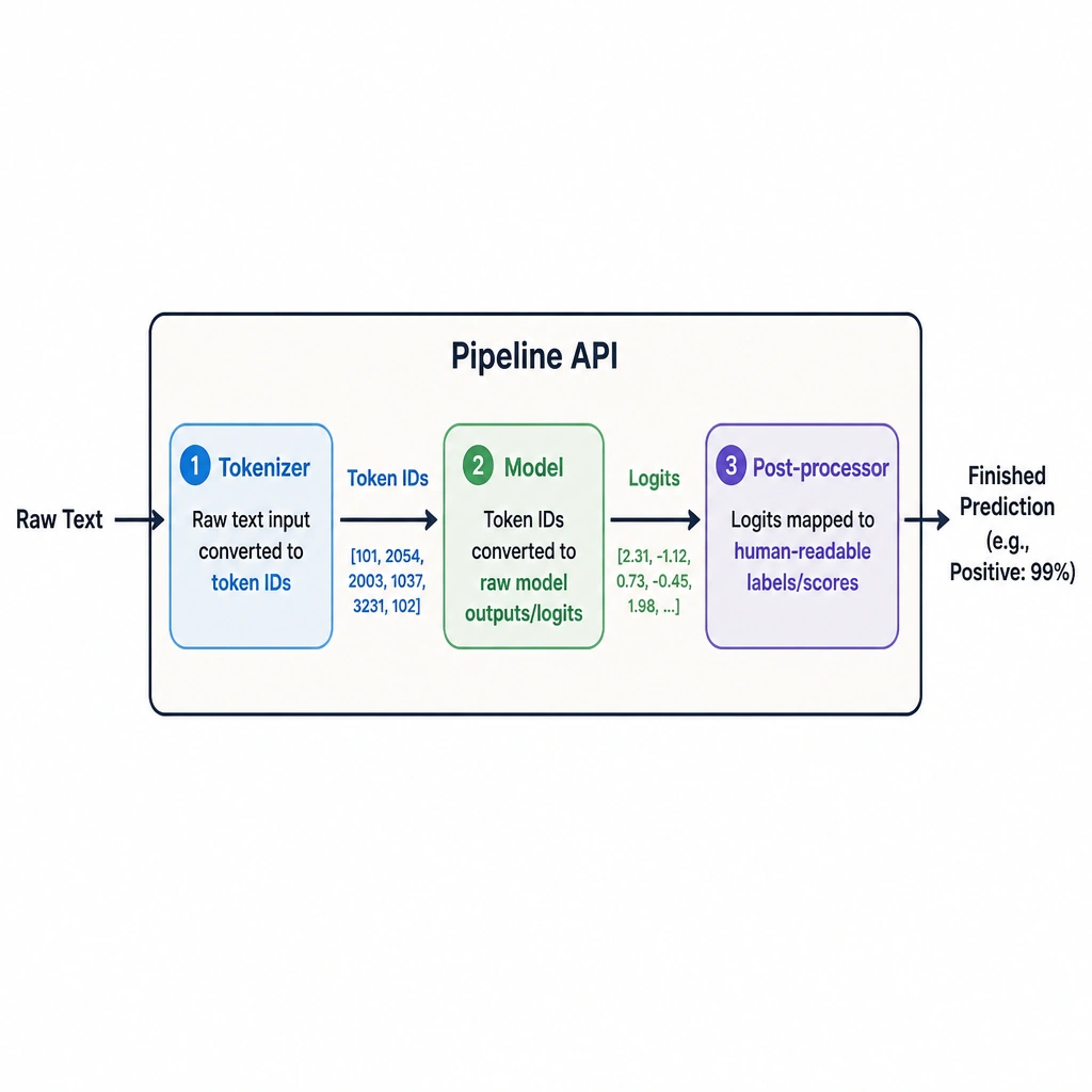A flowchart illustrating the flow of raw text through the Hugging Face pipeline. The diagram should show a three-step sequence enclosed in a bounding box labeled 'Pipeline API': 1) Tokenizer (raw text input converted to token IDs), 2) Model (token IDs converted to raw model outputs/logits), and 3) Post-processor (logits mapped to human-readable labels/scores). A single input arrow enters the box labeled 'Raw Text', and a single output arrow exits labeled 'Finished Prediction (e.g., Positive: 99%)'.