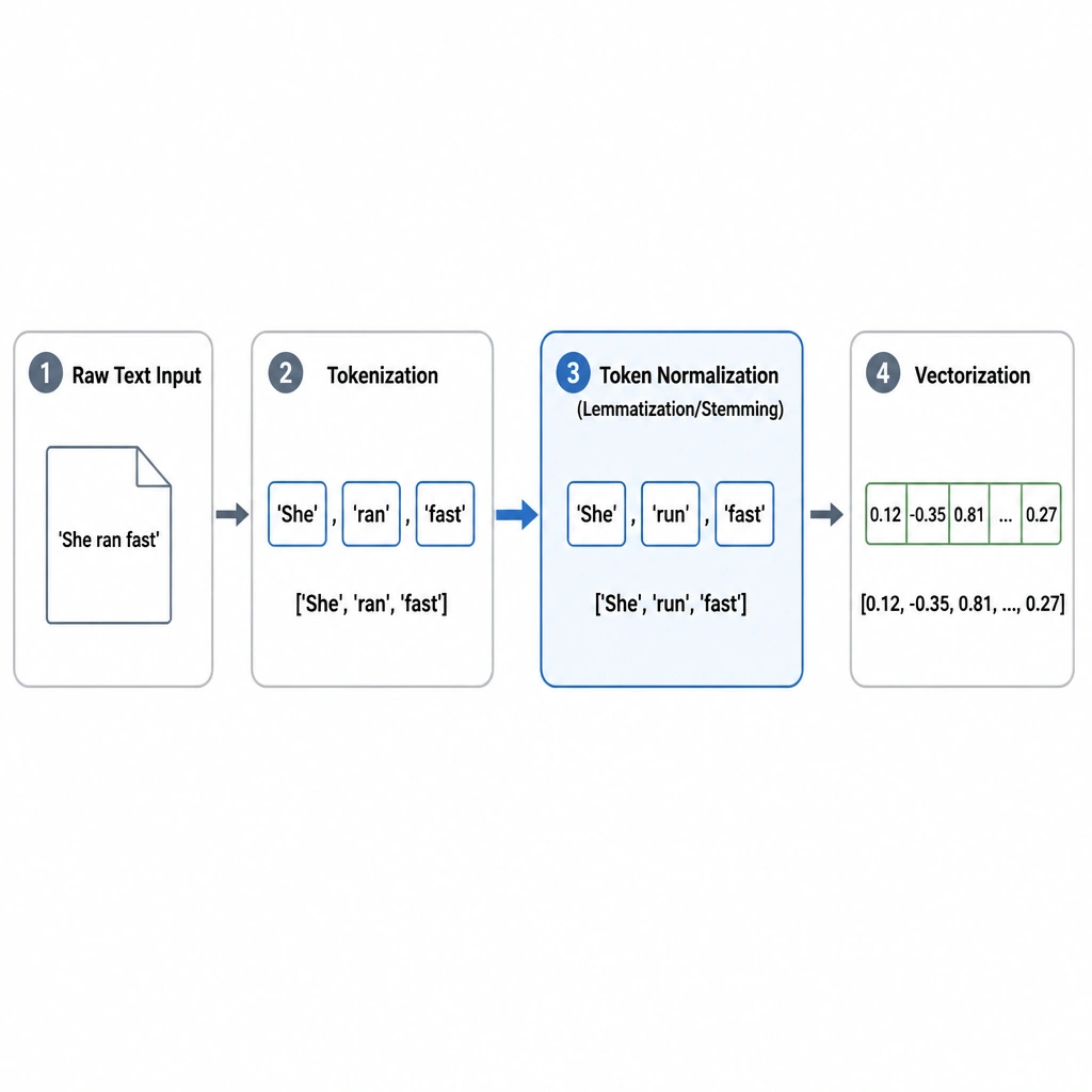 A linear timeline diagram of an NLP Preprocessing pipeline. The steps are shown left-to-right as: 1) Raw Text Input ('She ran fast'), 2) Tokenization (splitting into ['She', 'ran', 'fast']), 3) Token Normalization (Lemmatization/Stemming converting ['She', 'run', 'fast']), and 4) Vectorization (converting to numbers). Step 3 is highlighted with an arrow indicating it immediately follows Step 2.