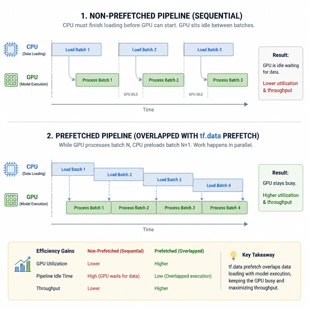 A pipeline comparison showing a non-prefetched pipeline (sequential: CPU loads -> GPU processes -> CPU loads) versus a prefetched pipeline (parallel: GPU processes batch N while CPU loads batch N+1), highlighting the efficiency gains of the tf.data prefetch mechanism.