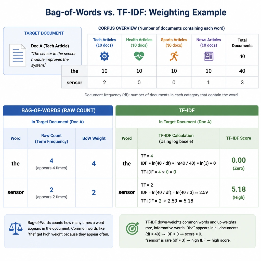 A comparison diagram showing how two words ("the" and "sensor") are weighted by Bag-of-Words vs. TF-IDF. Show "the" with a high raw count but zero TF-IDF score, and "sensor" with a moderate raw count but a high TF-IDF score because of its rarity across other document categories.