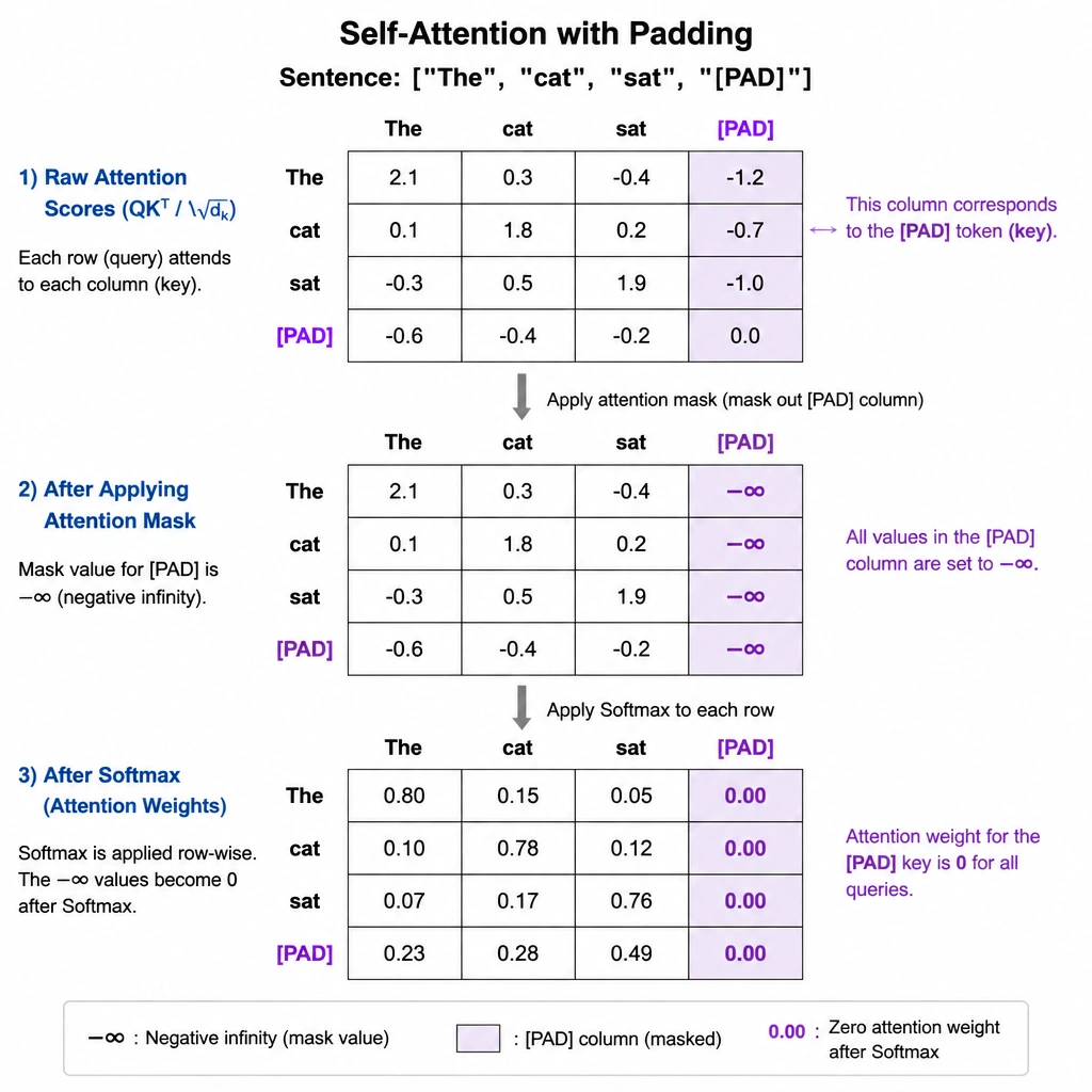 A matrix grid representation of self-attention showing a sentence with padding: ["The", "cat", "sat", "[PAD]"]. Highlight the attention mask column for "[PAD]" containing negative infinity values, showing that after the Softmax layer, the attention weights for those cells become zero.