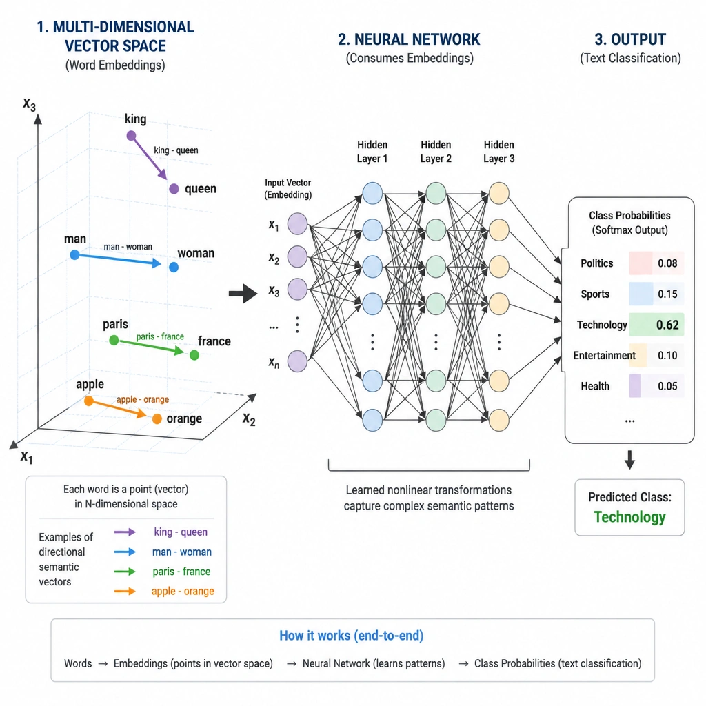 A multi-dimensional vector space diagram displaying words plotted as points (e.g., 'king', 'queen', 'man', 'woman' grouped together with arrows indicating directional semantic vectors) feeding directly as inputs into a multi-layered neural network that outputs text classifications.