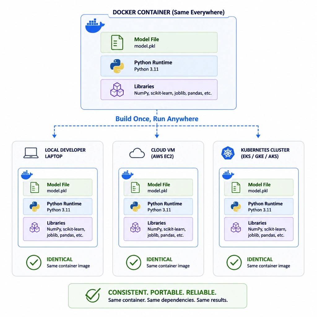 A diagram showcasing a Docker container holding a model file, Python runtime, and libraries (like NumPy and scikit-learn) being deployed seamlessly from a local developer's laptop to a cloud VM and a Kubernetes cluster, with checkmarks showing consistency across all platforms.