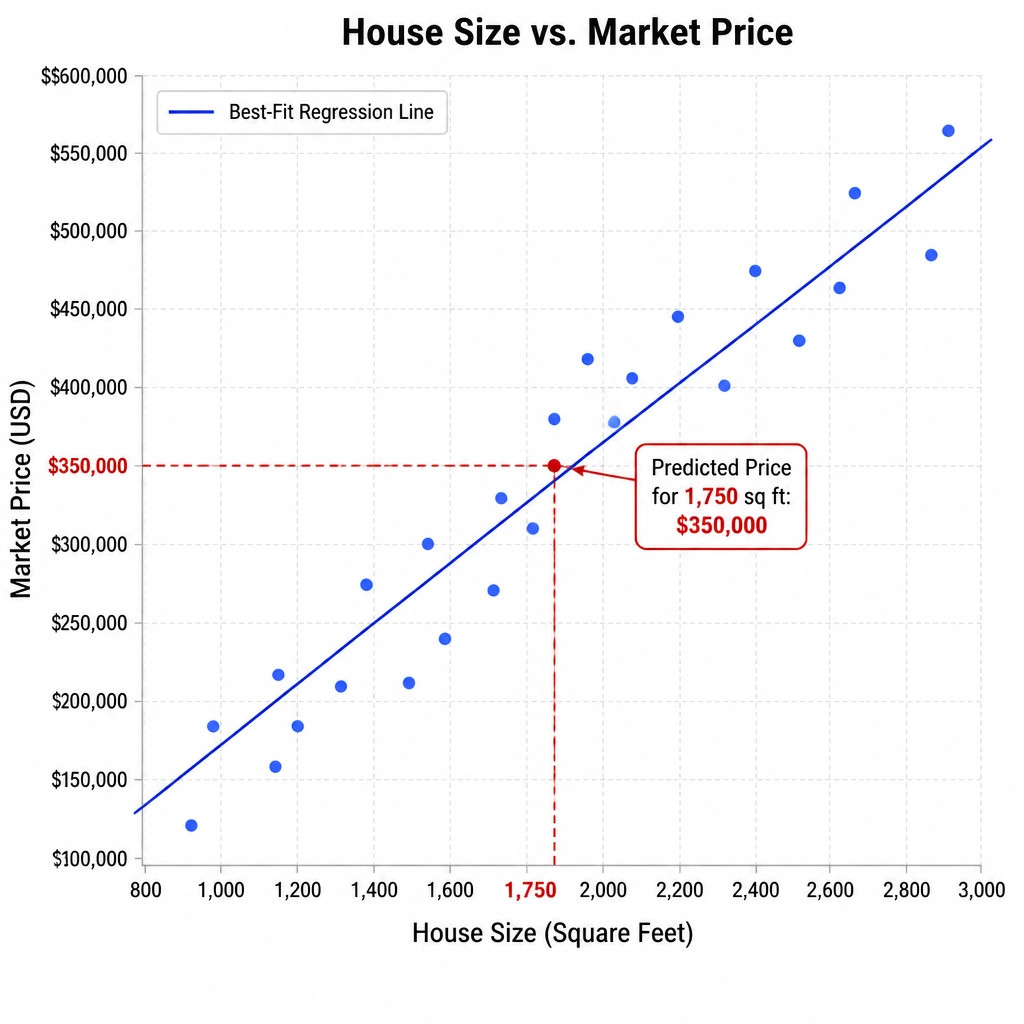 A scatter plot of house sizes (x-axis) vs. market prices (y-axis) with data points scattered around a linear best-fit regression line, showing a prediction of a specific dollar amount (e.g., $350,000) for a given house size.