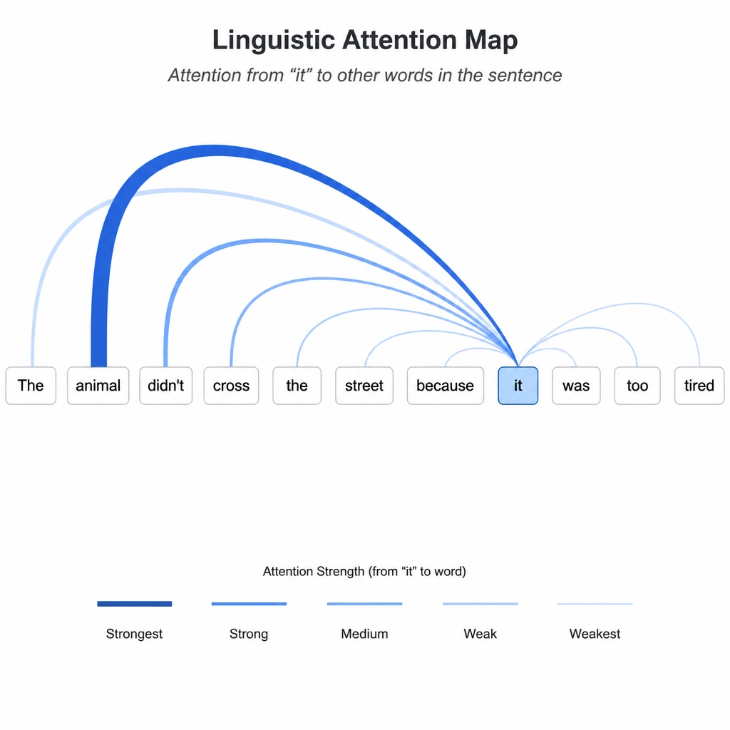 A linguistic attention map visualization. The sentence 'The animal didn't cross the street because it was too tired' is shown. Lines of varying thickness connect the word 'it' to all other words in the sentence, with the thickest line pointing directly to 'animal', showing how the model focuses on the correct noun context.
