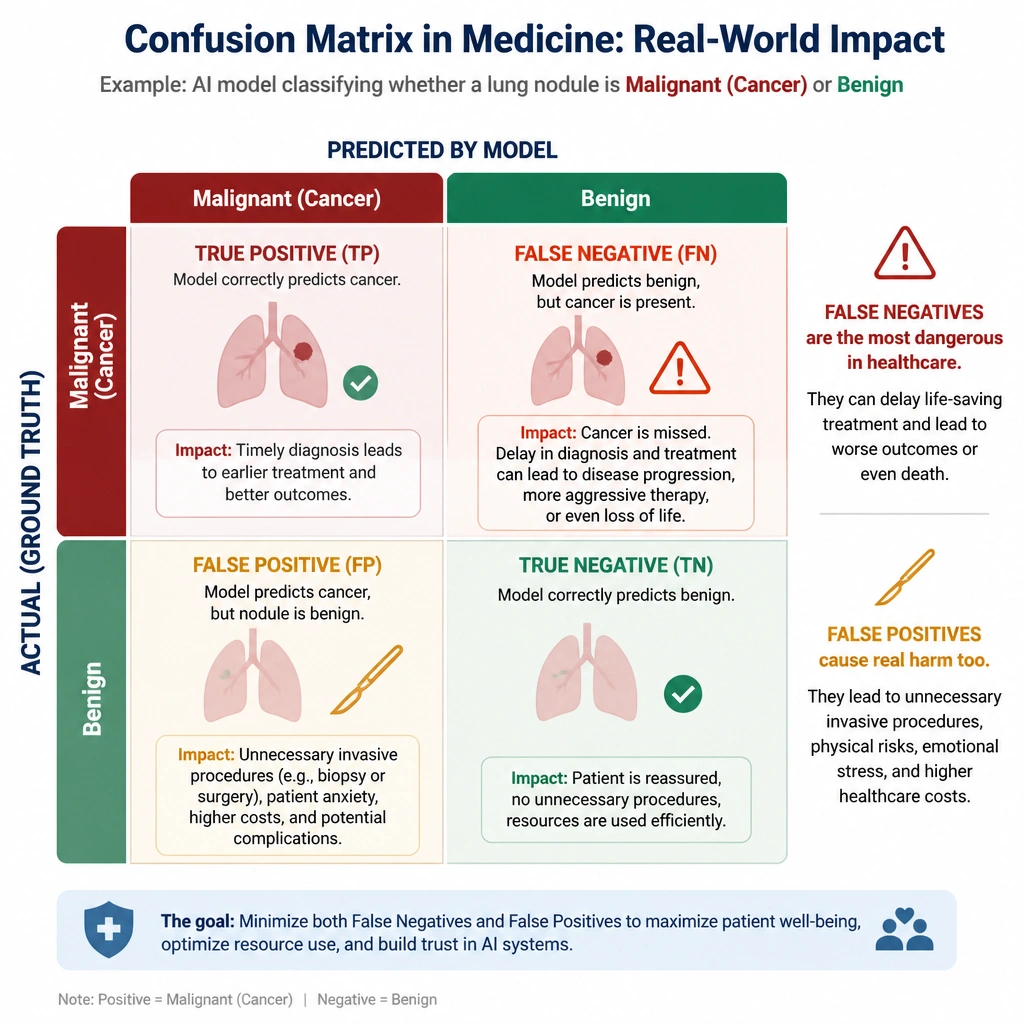 The image should show a binary classification confusion matrix contextualized for medicine, illustrating the real-world impact of False Positives (unnecessary invasive procedures) and False Negatives (delayed life-saving treatments).
