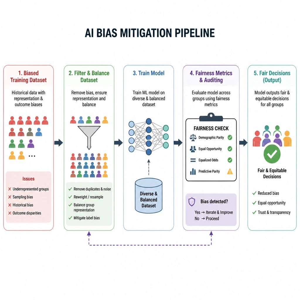 A mitigation pipeline for AI bias. On the left, a biased training dataset is filtered and balanced into a 'Diverse & Balanced Dataset'. This dataset trains the model, which passes through a check block labeled 'Fairness Metrics & Auditing' where bias metrics are checked before outputting fair decisions.